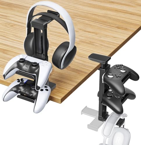 Headphone Stand & Under Desk Controller Holder with Adjustable Clamp, Controller Stand & Headset hanger for Desk Mount with 360° Rotating Hook & Cable Organizer 3-in-1 Game Organizer, Headphone Cases by KOSKER