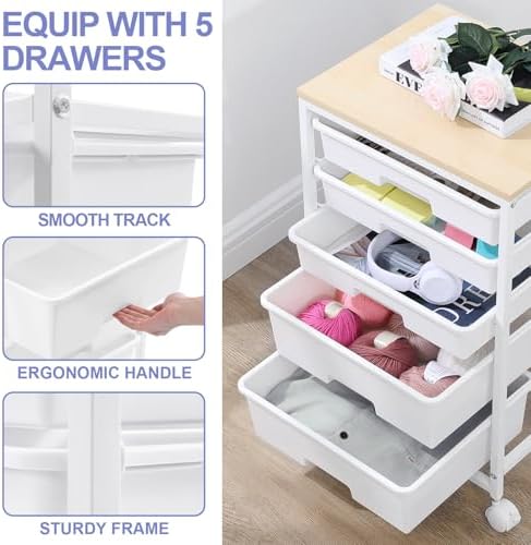 Rolling Cart with Drawers, 5 Drawers Utility Cart, Bright White - Image 4