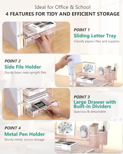 WALI Desk File Organizer, 4 Tier Desktop Paper Letter Tray Organizer with Drawer and 2 Pen Holders, Office Desk Accessories & Workspace Organizers for Office, Home Supplies(DO005DH-P), 1 Pack, Pink - Image 4