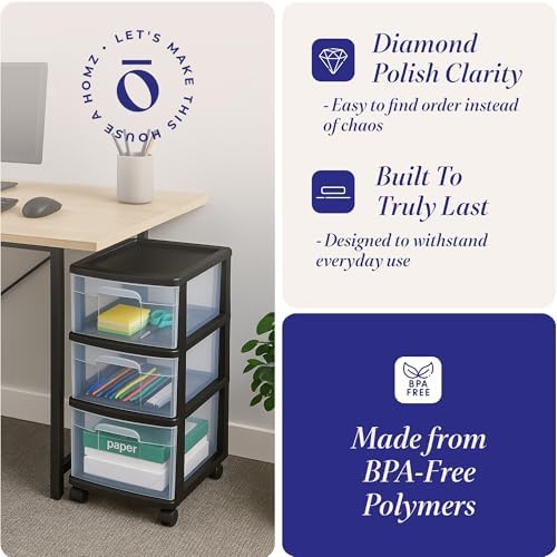 Homz 3 Drawer Plastic Storage Cart Organizer, Clear Drawers, Black Frame - Image 5