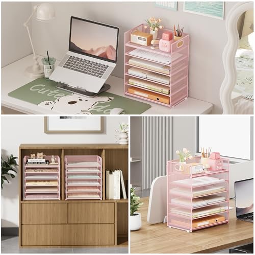 6-Tier Desk Paper Organizer, Desktop File Letter Tray with Handle, Document Sorter and Accessories Holder for Office, Home and School Workspace Organizers, Pink-2 Pack - Image 3