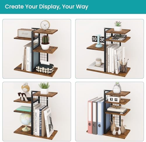 Desktop Shelf Organizer, 4-Tier Wooden Desk Bookshelf, Small Tabletop Book Shelf, Adjustable Display Rack for Home, Office, Dorm, Rustic Brown - Image 5
