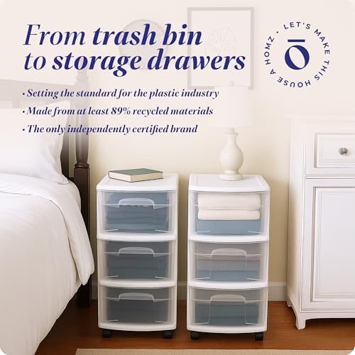 HOMZ Drawer Tower, 3-Tier Storage Cart with Removable Wheels, White Frame - Image 5