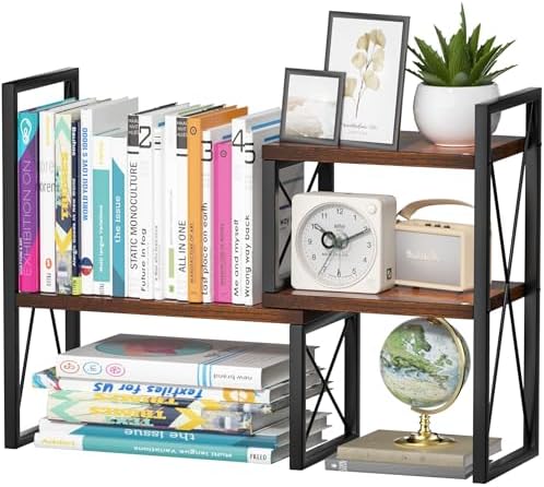 Expandable Desktop Shelf Organizer, 2 Tier Wood Desk Shelf for Office, Metal Corner Bookshelf, Countertop Storage Rack (Brown) by Yelinkws
