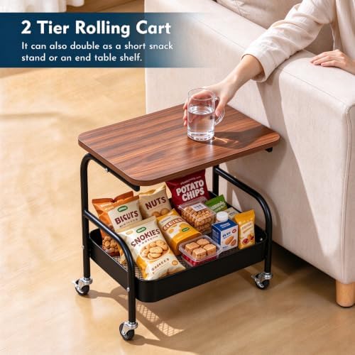 2 Tier Pantry Floor Organizer Short Utility Cart with Wheels Under Desk Storage, Metal Kitchen Storage with Table Top Small Printer Stand, Large Capacity Snack Craft Shelf Black Bedside Cart - Image 6