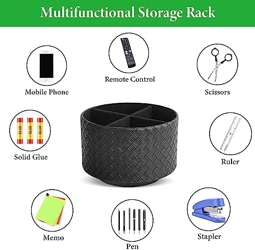 Round Leather Art Supply Organizer,Remote Control Holder,360 Degree Spinning,Multi-Functional Pencil Holder,4 Compartments Desktop Stationary Organizer(1-Weave Black) - Image 7