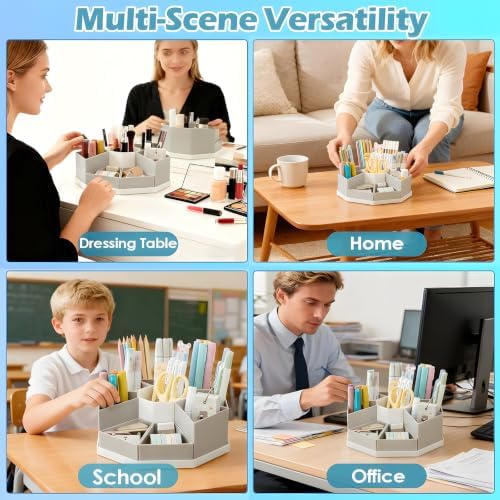 360 Degree Rotating Desk Organizer Caddy with 9 Compartments, Large Capacity Detachable Pencil Holder for Desk, Desktop Storage for Office, School, Home, Dressing Table (Greige with White Base) - Image 5