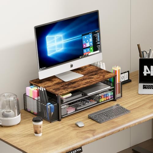 Desk Organizer and Accessories, 2-Tier Computer Monitor Stand Riser with Drawer and 2 Pen Holders, Laptop Stand, Office Desk Accessories for Office Supplies, Brown - Image 5