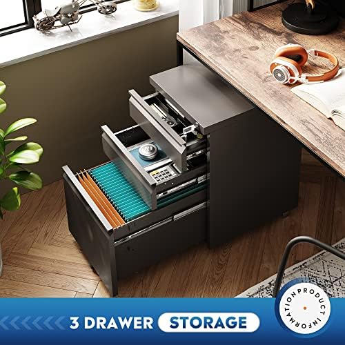 DEVAISE 3 Drawer Mobile File Cabinet with Lock, Under Desk Metal Filing Cabinet for Home Office/Legal/Letter/A4 File, Fully Assembled Except Wheels, Black - Image 4