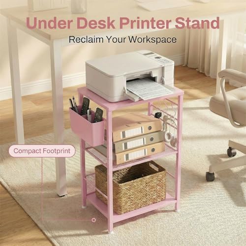 Small 3 Tier Printer Stand for Under Desk, Height Adjustable Shelf Printer Table with 3 S-Hooks & Basket, Heavy Duty Industrial Storage Shelf for Home Office (Deep Pink) - Image 5