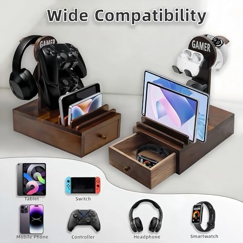 Gamer Controller Holder Headphone Stand with Storage Drawer for Gaming Equipment,Wood Gamer Gifts for Teenage Boy,Headpset Stand Gaming Desk Accessories for Fathers Day Men,Son,Husband - Image 5