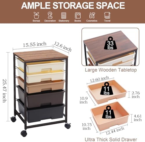 Rolling Cart with Drawers, 5 Drawers Utility Cart, Dark Brown - Image 3