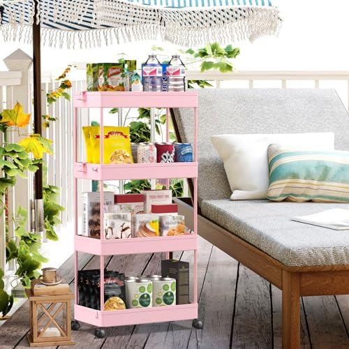 4 Tier Rolling Cart with Wheels, Storage Craft Art Trolley Organizer Serving, 3 Hanging Baskets Easy Assembly, for Office, Living Room, Kitchen - Image 6