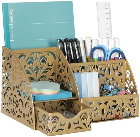 EasyPAG Desk Organizer and Pen Holder for Desk, Mesh Office Supplies Storage Caddy with Drawer for Small Space, Desktop Organizer for Home Office, Gold by EasyPAG