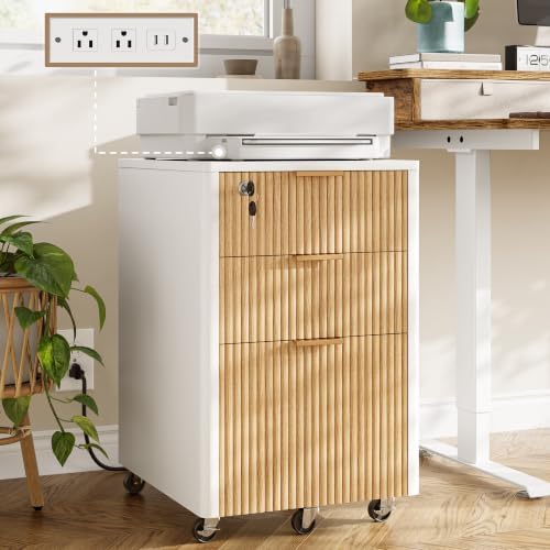 3 Drawers Fluted Mobile Filing Cabinet with Lock, Rolling File Cabinets Printer Stand Table with Charging Station, Under Desk for Home Office Essentials Storage Organization Furniture Letters/A4(Oak) by Unknown