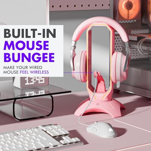 Cute Headphone Stand Pink | Headset Stand with RGB, Mouse Bungee Holder, and 2 Port USB Hub Charger - Desk Gaming Accessories - Image 5