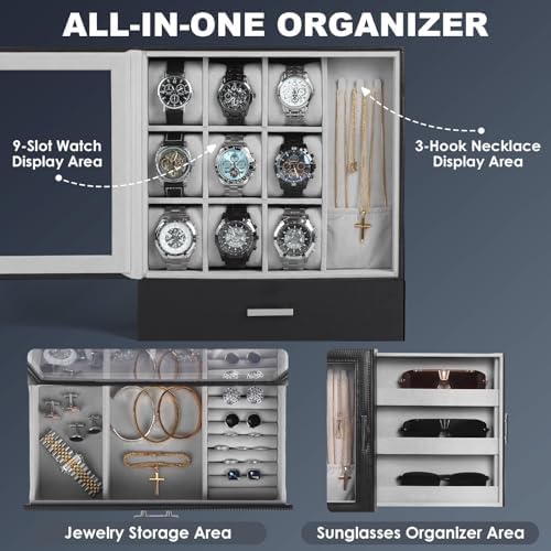 9-Slot Watch Box for Men, Standing Jewelry Display Case with Window - Image 2
