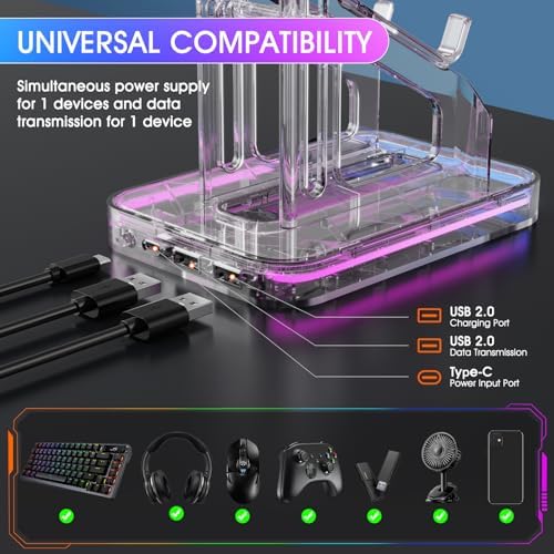 Luckit Gaming Headphones Stand, RGB Headset Stand with 2 USB Charging Ports, Dual Controller Holder with Light Modes, Earphone Hanger Accessories for Desktop Gamer - Image 3