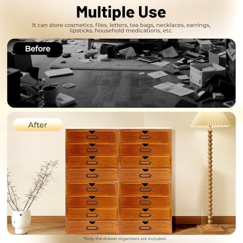 Drawer Wooden Drawers Organizer, 16-Drawer Vintage Wood Desktop Organizer with Label Holders and Handles Stackable Desktop Storage Box for Living Rooms Bedrooms Offices (19.6" x 6.89" 19.6") - Image 6
