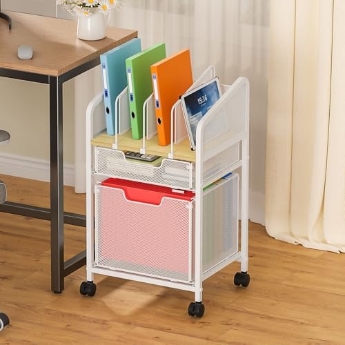 Rolling File Cabinet with Adjustable Dividers, Mobile Filing Cabinet with 2 Storage Drawers on Lockable Wheels, Hanging File Organizer Beside Under Desk for Office, Home, White（Patent Pending） by Tiaoheka