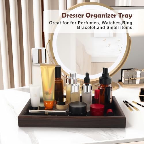 Wooden Valet Tray with Leather Base - Nightstand Catchall Organizer for Cologne, Perfume, Keys, Wallet, Phone, Watch, Jewelry & Sunglasses (Black) - Image 5