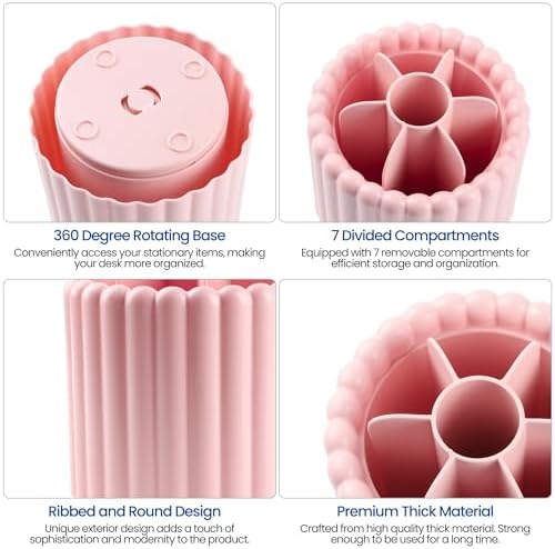 Desk Organizer, 360° Rotating Pen Holder for Desk, Pencil Cup with 7 Compartments Storage Box Caddy for Kids, Office, School, Home (Pink) - Image 4