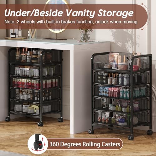 Makeup Cart Organizer with 4 Drawers, Vanity Storage Organizer, Large Floor Skincare Organizers Cosmetics Display Cases for Skin Care Perfume Nail Polish, Black - Image 3