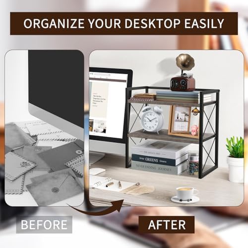 Desktop Shelf Organizer, 2 Tier Office Shelves, Wood Desk Organizer Storage Rack and Freestanding Display Shelf for Office, Dormitory, Home (Grey) - Image 5