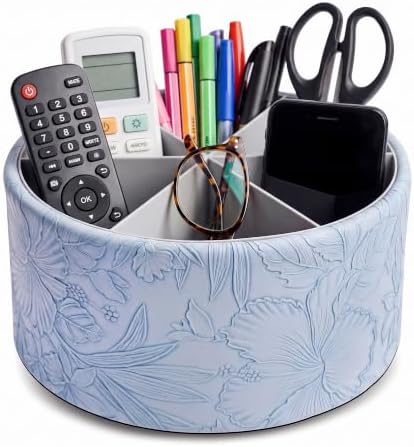 Remote Control Holder, 360°Spinning PU Leather Desk TV Remote Caddy,Desk Storage Box Room Accessories for Controller, Media,Mail,Calculator, Mobile Phone,Pencil(1B-Carved1 Blue2) by Hennaja