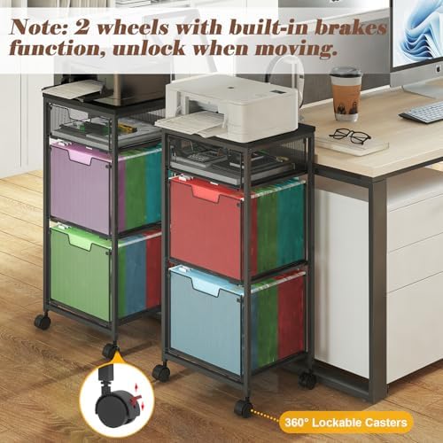 3 Drawer Mobile File Cabinet for Home Office, Rolling Filing Cabinet on Lockable Wheels, Hanging File Folders Organizer, Utility Cart Storage and Organizer, Printer Stand, Black - Image 4