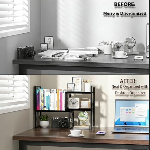 Expandable Desktop Shelf Organizer, 2 Tier Wood Desk Shelf for Office, Metal Corner Bookshelf, Countertop Storage Rack (Black) - Image 3