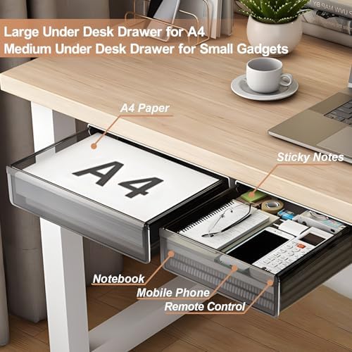 Under Desk Table Drawer Storage Organizer,2 Pack Large & Medium Slide Out Desk Drawers - Hidden Desktop Organizer,Attachable Pencil Storage Tray Under Table(ML) - Image 3