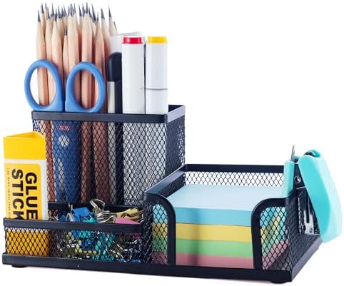 M&G Mesh Pen Holder Desk Organizers Pencil Holder for Desk Black, 3 Compartments Metal Office Supply Organizer with Sticky Notes Holder for School Home Office by MG