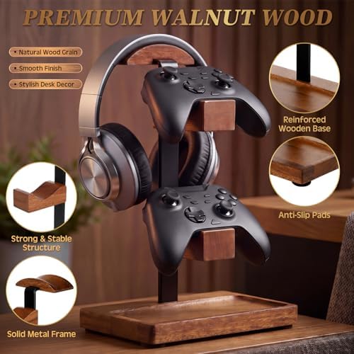 Headphone Stand with Controller Holder, Light Walnut - Image 3