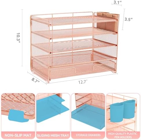 Desk Organizer and Accessories, 5-Tier Paper Letter Tray Organizer with Drawer & 2 Pen Holders for Desktop File Organization, Office Desk Accessories for Supplies Storage (Rose Gold) - Image 2