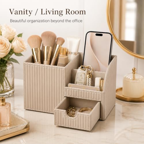 Luxury PU Leather Desk Organizer with Drawer, Modern Aesthetic Office Desk Accessories for Men & Women, Multi-Compartment Pen Holder & Desktop Storage Organizer for Home Office - Image 6