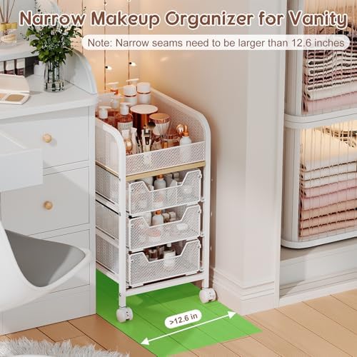 Rolling Makeup Cart Organizer with 3 Drawers, Narrow Floor Skincare Organizers, Cosmetics Display Cases Vanity Organizer for Skin Care Nail Polish Perfume Makeup Brush, White - Image 2