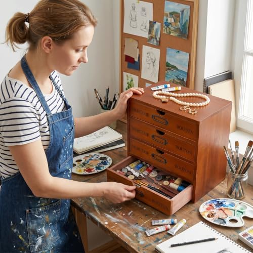 Wesiti Wooden Desk Organizer, 4 Drawers, Vintage Makeup Cabinet, Brown - Image 5
