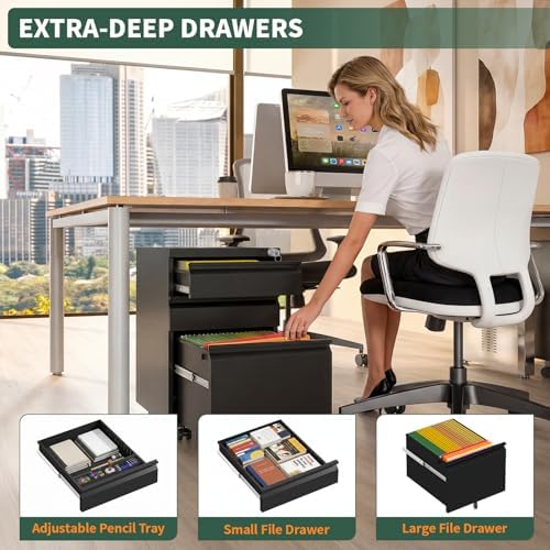 3 Drawer File Cabinet with Lock, Black Metal, Under Desk - Image 6