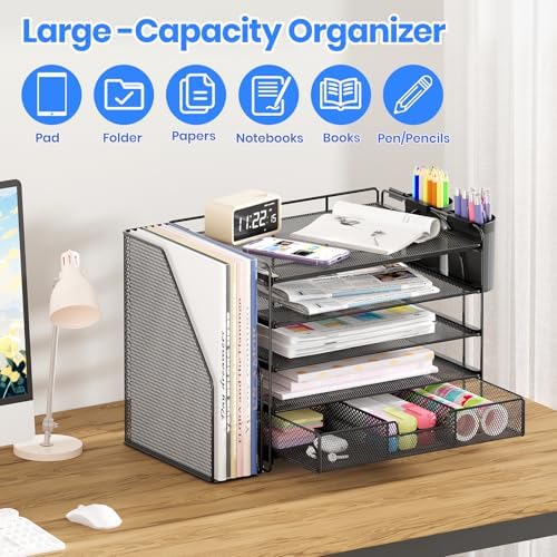 Desk Organizer, 5-Tier Desktop File Organizer with Drawer and Pen Holders, Office Desk Accessories, File Sorters, Workspace Organizers for Office Supplies(Black) - Image 4