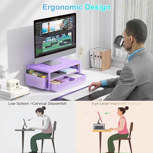 Monitor Stand with Drawer and 2 Pen Holders (Matte Purple) - Image 2