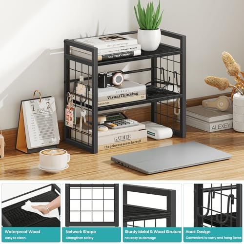 Desk Shelf Organizer, 2 Tier Wooden Desktop Bookshelf, Black - Image 4