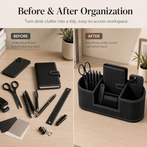 Modern Leather Desk Organizer for Men & Women, Aesthetic Office Desk Accessories Organizer, Faux Leather Vanity Organizer for Pens, Makeup Brushes, Remote Controls, Black Minimalist Desk Decor - Image 6
