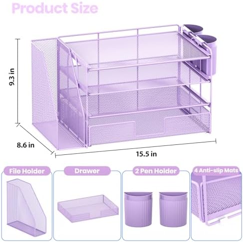 Desk Organizer, 4-Tier Desktop File Organizer with Drawer and Pen Holders, Office Desk Accessories, File Sorters, Workspace Organizers for Office Supplies(Purple) - Image 4