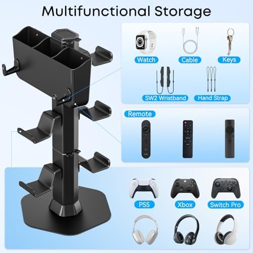 Headphone and Controller stand, Headphone Stand for Desk, PS5/PS4/Xbox/Switch Game Controller Holder, Gaming Headset Stand with Storage Box and Two Hooks for Remote Control Watch, Sega Genesis Consoles - Image 3