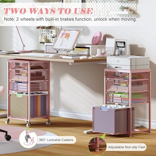 4 Drawer Rolling File Cart Under Desk Storage, File Cabinets for Home Office, Mobile Filing Cabinet, Hanging File Organizer with Wheels, Utility Cart Printer Stand, Pink - Image 5