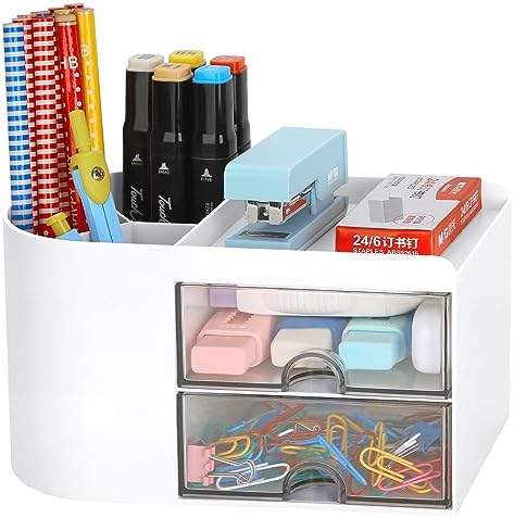 LETURE Desk Organizer Office Supplies Caddy with Pencil Holder and Drawer for Desktop Accessories, Business Card/Pen/Pencil/Mobile Phone/Stationery Holder Storage Box (White) by LETURE