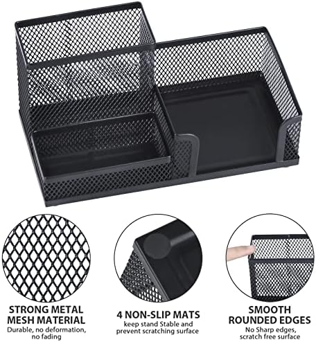 2-Piece Desk Pen & Pencil Organizer - Mesh Metal Pen Cup with Sticky Notes Holder, Black - Image 5