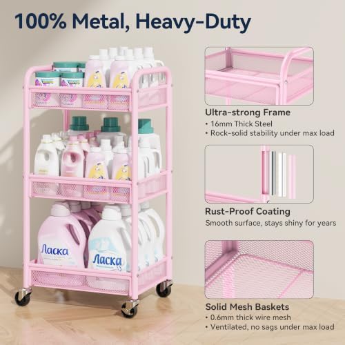 YASONIC 3 Tier Metal Rolling Cart, Pink Utility Storage Cart with Wheels - Image 2