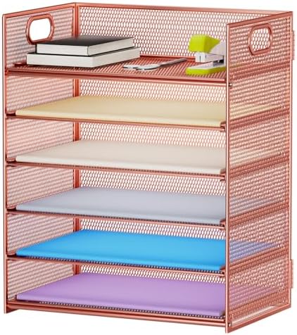 Marbrasse 6 Tier Paper Organizer Letter Tray - Mesh Desk File Organizer with Handle, Paper Sorter Organizer for Letter/A4 Office File Folder Holder - Rose Gold by Marbrasse